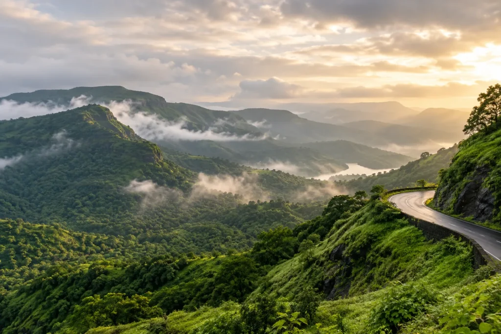 Illustrative landscape of Lonavala’s misty green hills