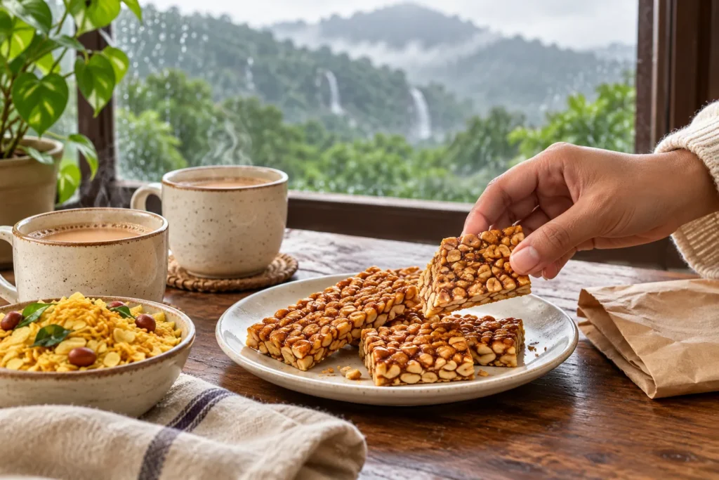 Illustrative scene of peanut chikki and chai beside a rain-softened hill view