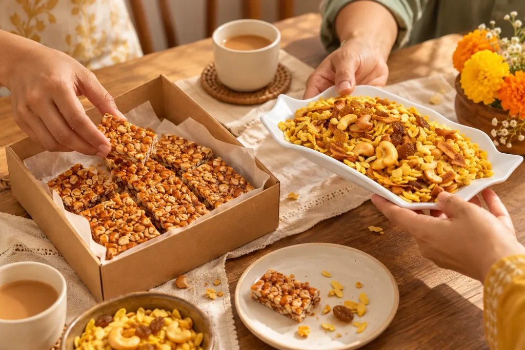 Illustrative scene of people sharing peanut chikki and savoury chivda at a table